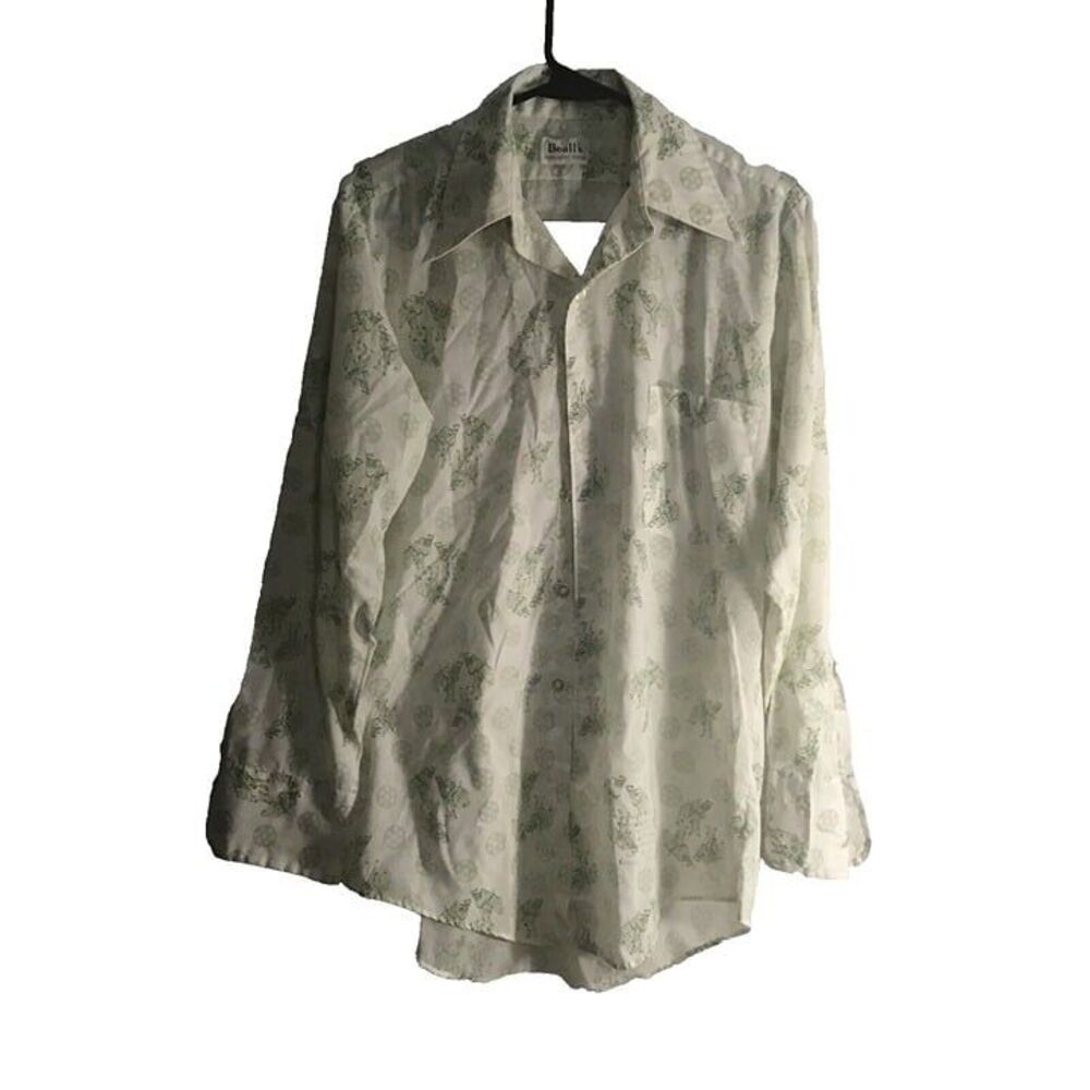 Vintage Beall’s Floral Print Dress Shirt - White/Grey Boho - Size 14.5 Neck